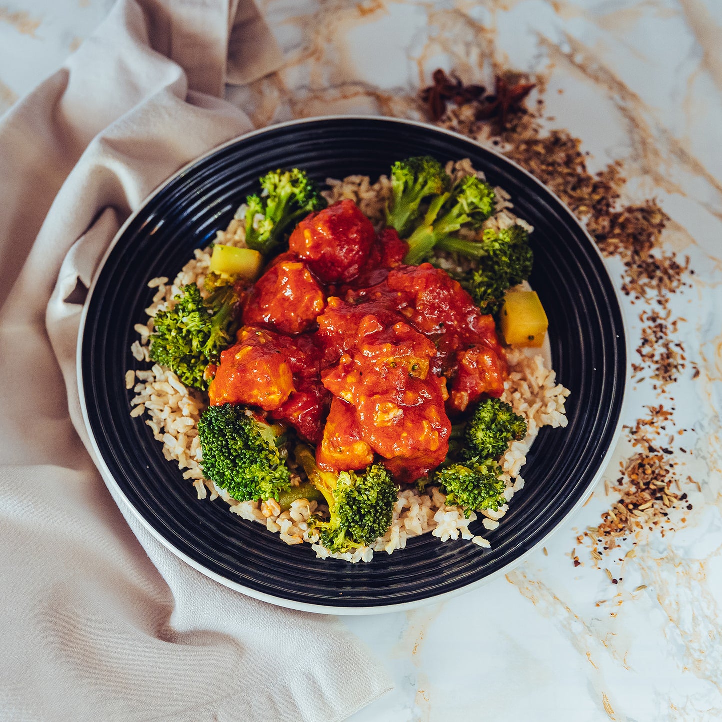 Indian Butter Tofu, Rice and Broccoli