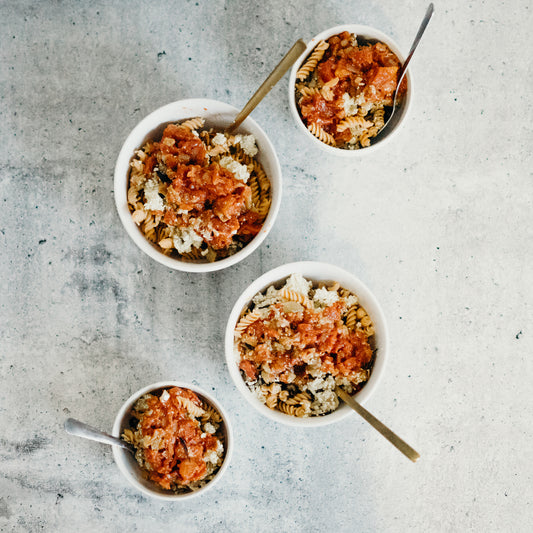 Pasta with lentils, eggplant, tomato and cheese