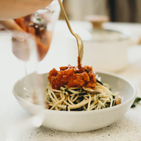 Spaghetti lentilles, câpres et olives