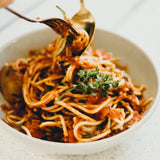 Spaghetti lentilles, câpres et olives